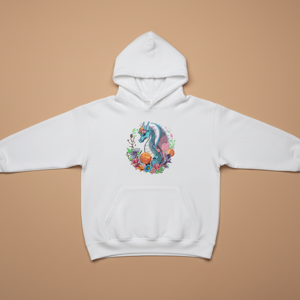 Blue Dragon Floral Machine Embroidered Hoodie – Hand Finished in Dubai | EmbroMania
