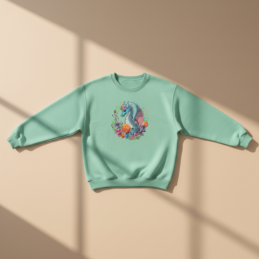 Blue Dragon Floral Machine Embroidered Sweatshirt – Hand Finished in Dubai | EmbroMania
