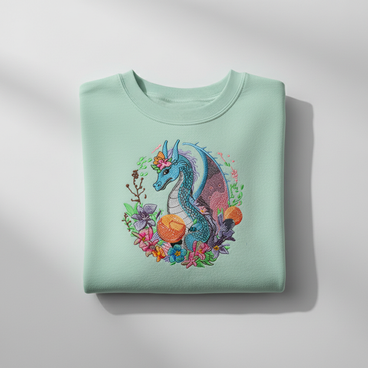 Blue Dragon Floral Machine Embroidered Sweatshirt – Hand Finished in Dubai | EmbroMania