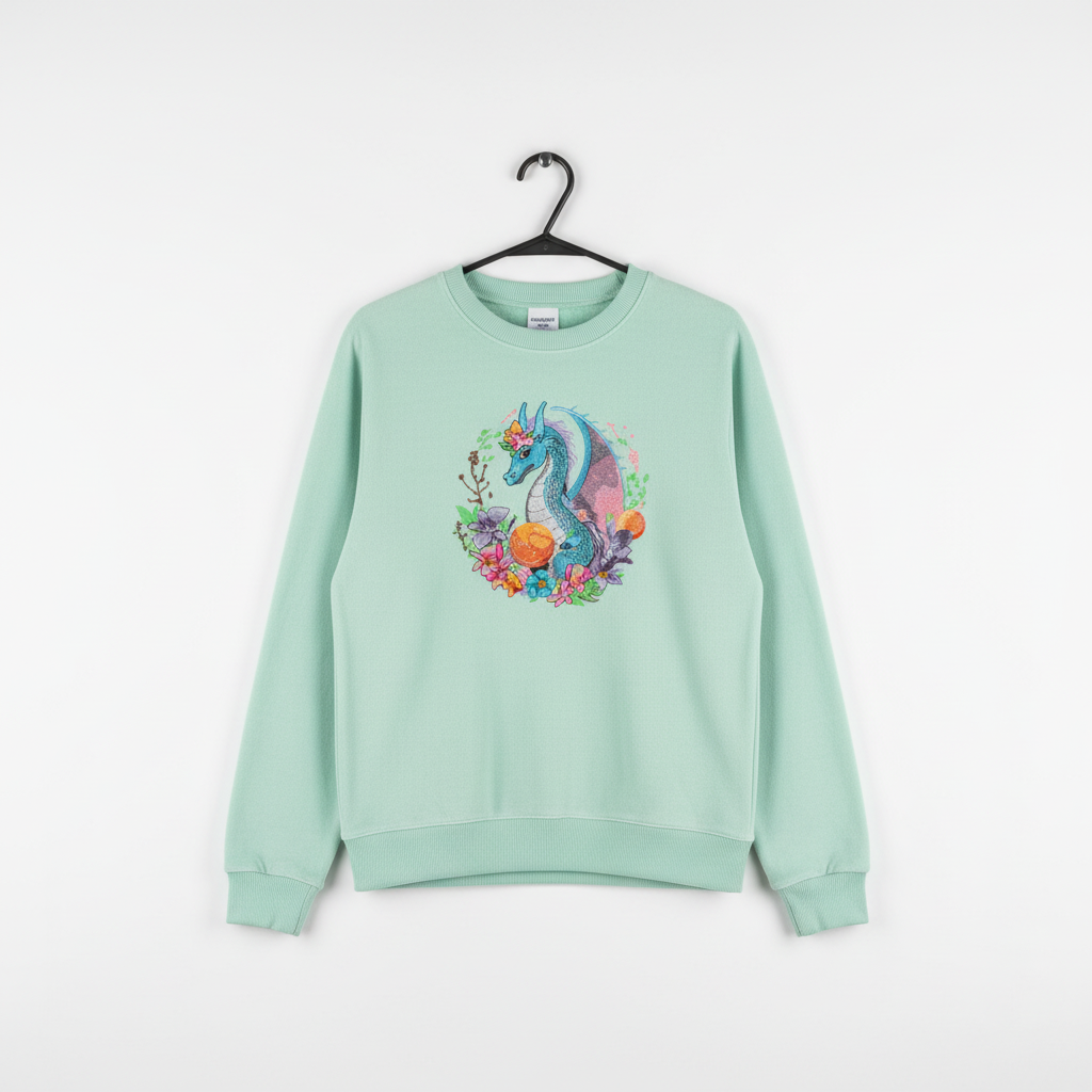 Blue Dragon Floral Machine Embroidered Sweatshirt – Hand Finished in Dubai | EmbroMania