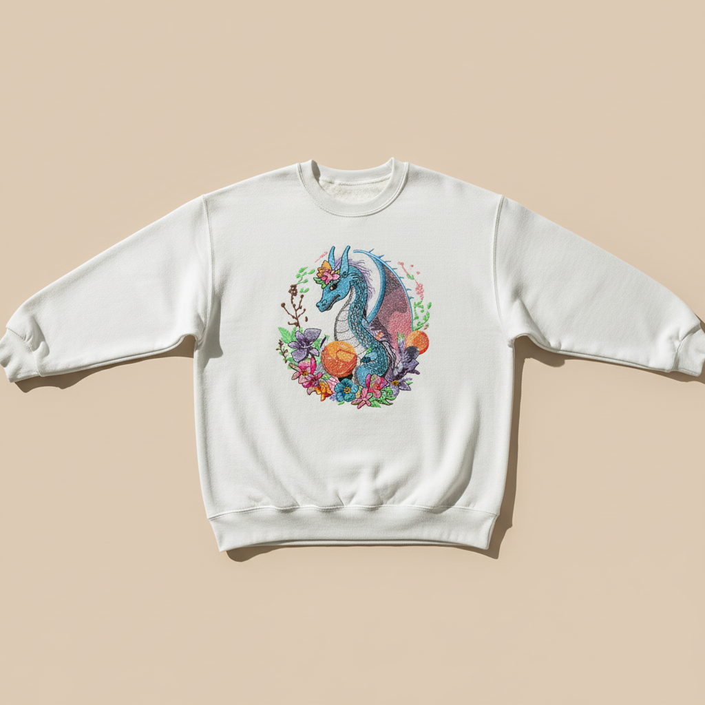 Blue Dragon Floral Machine Embroidered Sweatshirt – Hand Finished in Dubai | EmbroMania