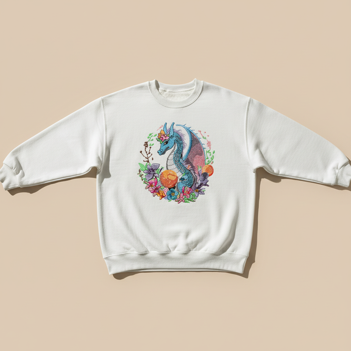 Blue Dragon Floral Machine Embroidered Sweatshirt – Hand Finished in Dubai | EmbroMania