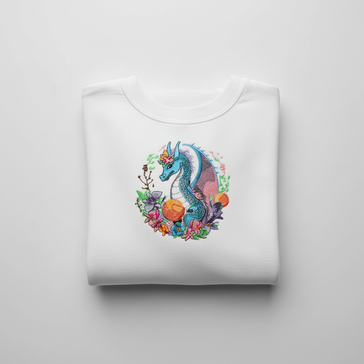Blue Dragon Floral Machine Embroidered Sweatshirt – Hand Finished in Dubai | EmbroMania