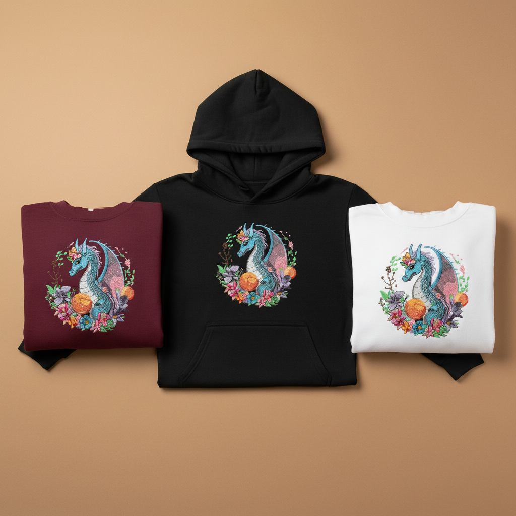 Blue Dragon Floral Machine Embroidered Hoodie – Hand Finished in Dubai | EmbroMania