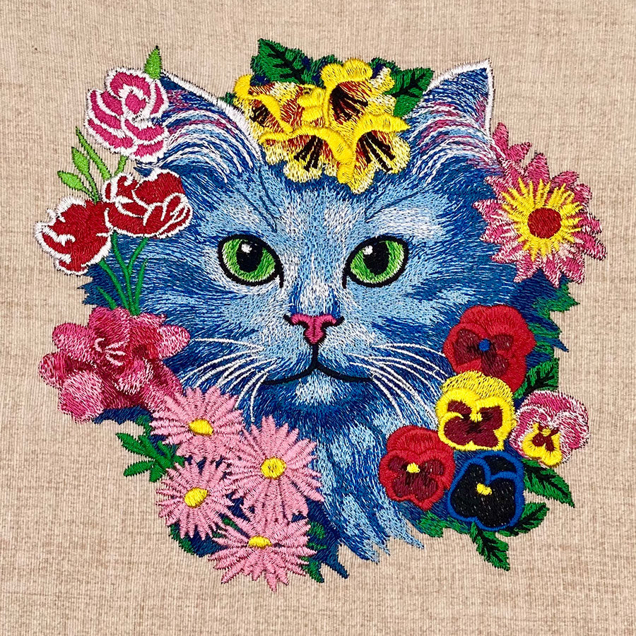 Floral Blue Cat Machine Embroidered Sweatshirt – Hand Finished in Dubai | EmbroMania