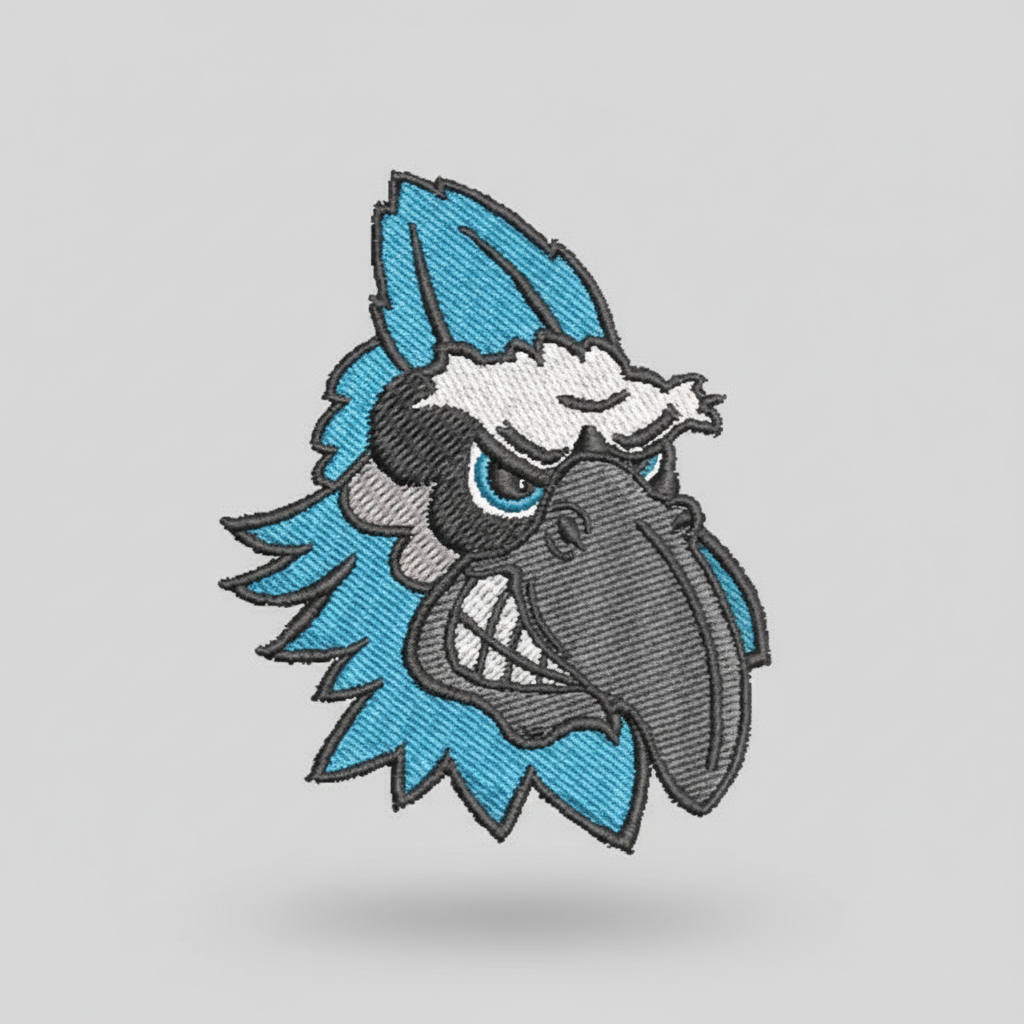 Embroidered design of a Bluejay head with blue and gray colors on a grid background