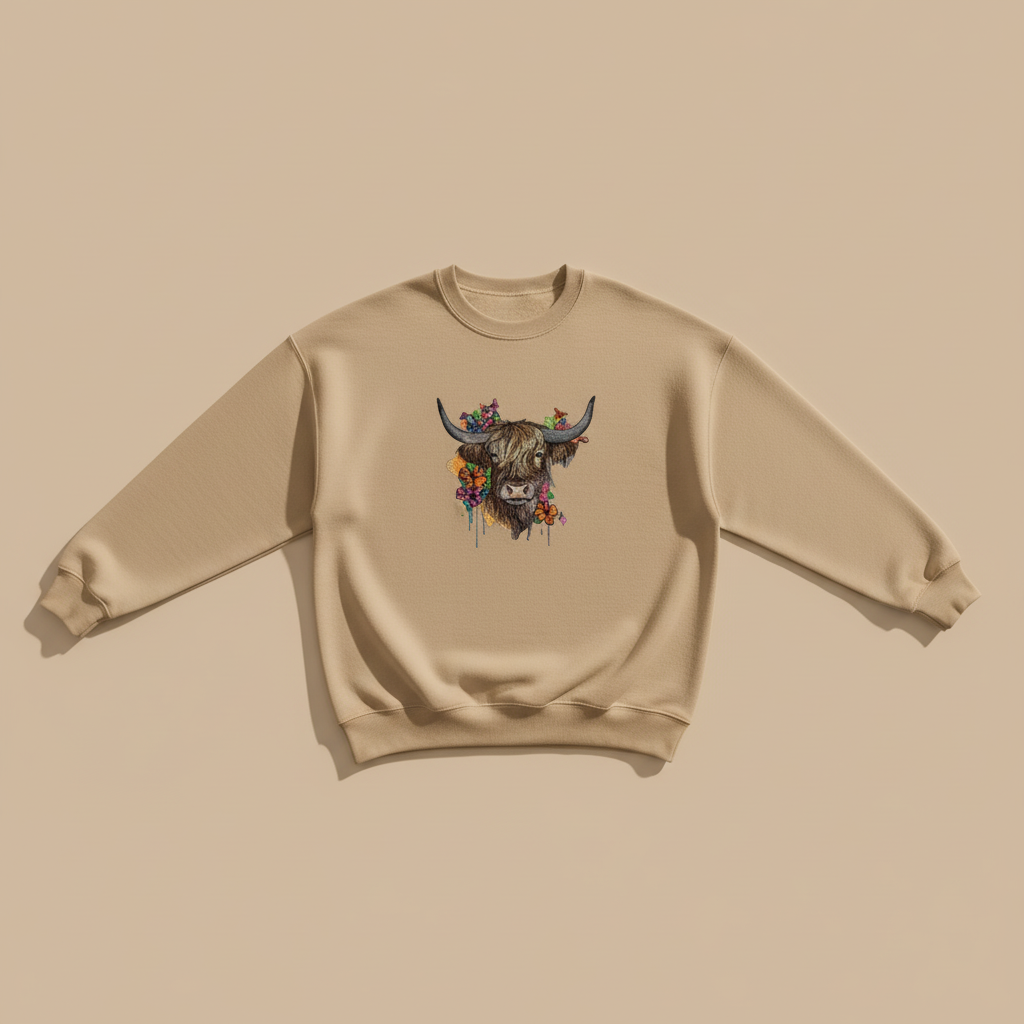 Floral Highland Cow Machine Embroidered Sweatshirt – Hand Finished in Dubai | EmbroMania