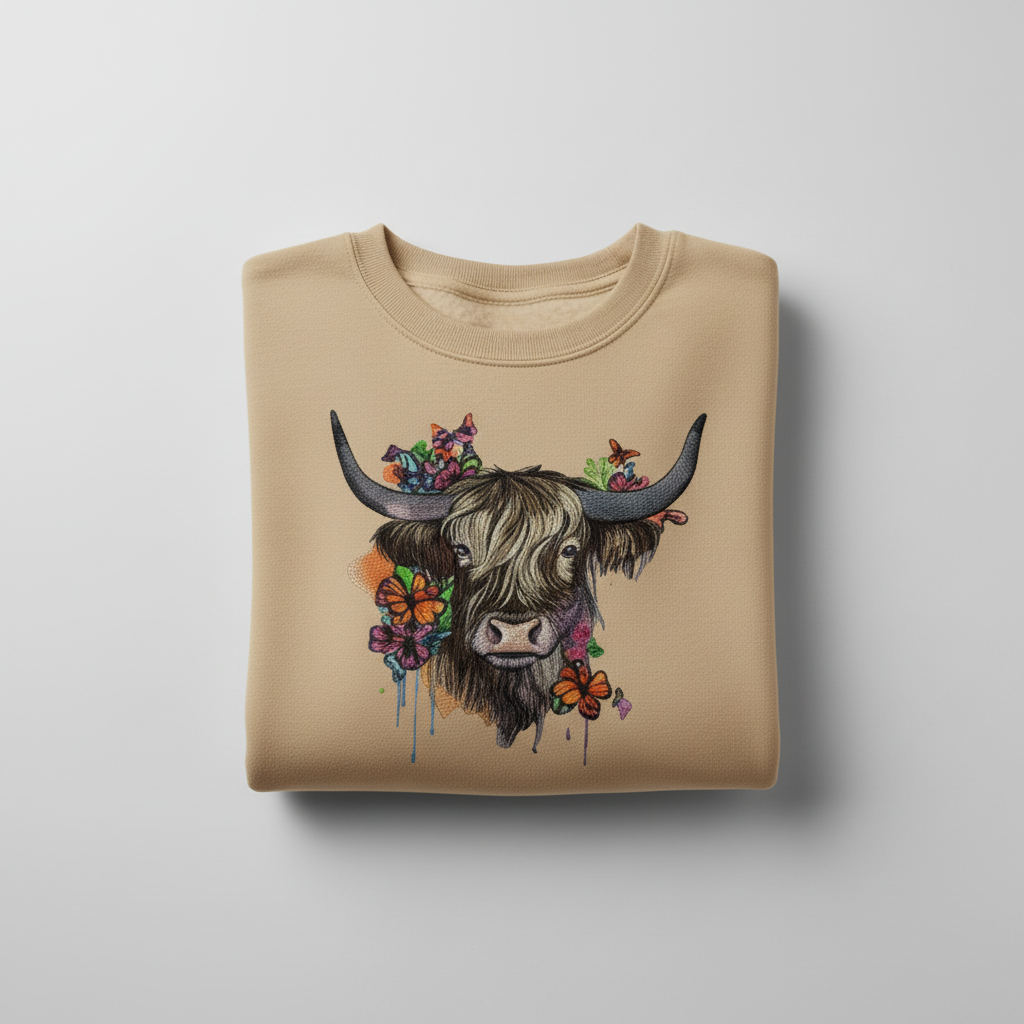 Floral Highland Cow Machine Embroidered Sweatshirt – Hand Finished in Dubai | EmbroMania