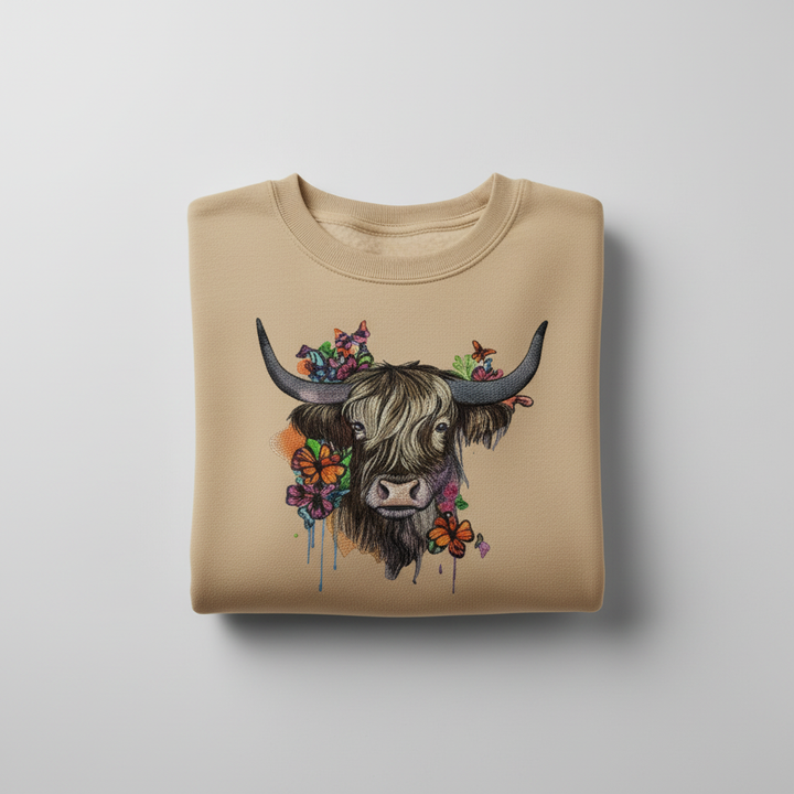 Floral Highland Cow Machine Embroidered Sweatshirt – Hand Finished in Dubai | EmbroMania