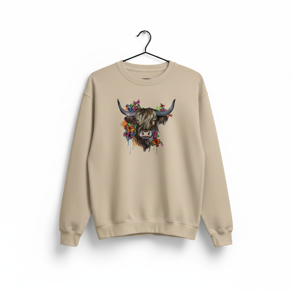 Floral Highland Cow Machine Embroidered Sweatshirt – Hand Finished in Dubai | EmbroMania