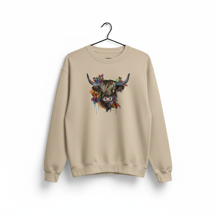 Floral Highland Cow Machine Embroidered Sweatshirt – Hand Finished in Dubai | EmbroMania