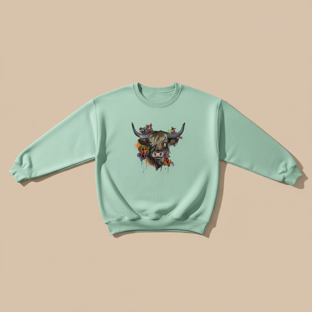 Floral Highland Cow Machine Embroidered Sweatshirt – Hand Finished in Dubai | EmbroMania
