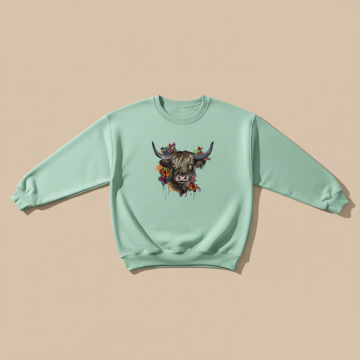 Floral Highland Cow Machine Embroidered Sweatshirt – Hand Finished in Dubai | EmbroMania