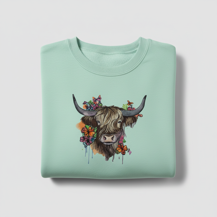 Floral Highland Cow Machine Embroidered Sweatshirt – Hand Finished in Dubai | EmbroMania