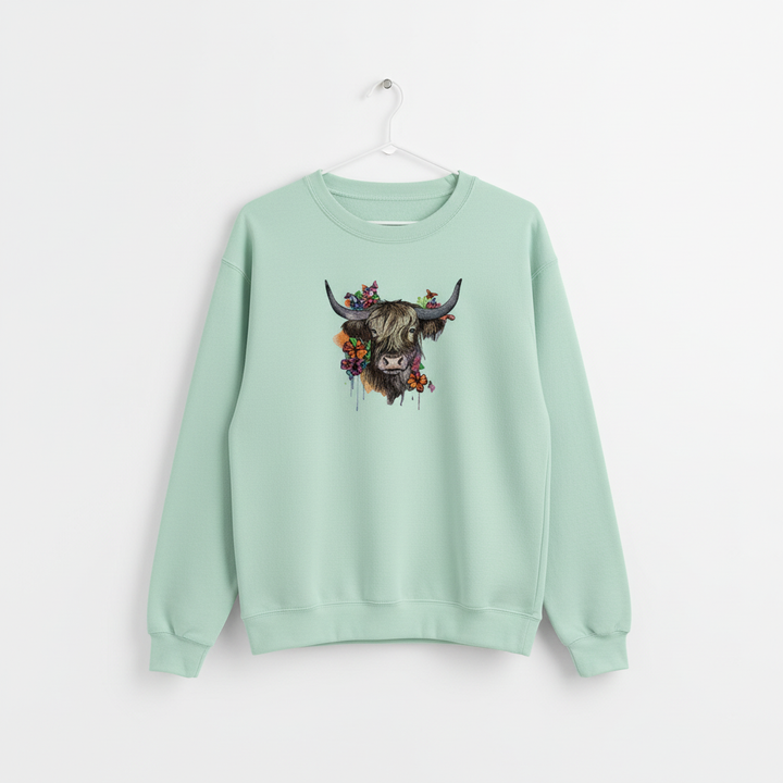Floral Highland Cow Machine Embroidered Sweatshirt – Hand Finished in Dubai | EmbroMania
