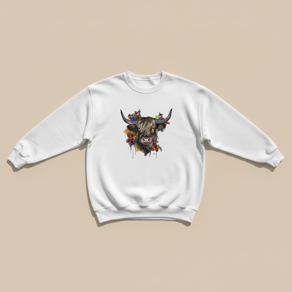 Floral Highland Cow Machine Embroidered Sweatshirt – Hand Finished in Dubai | EmbroMania