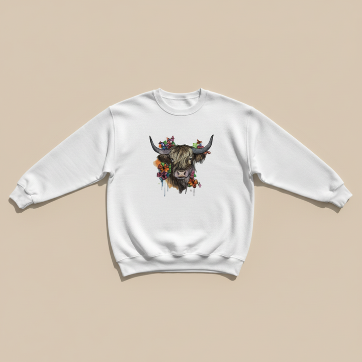 Floral Highland Cow Machine Embroidered Sweatshirt – Hand Finished in Dubai | EmbroMania