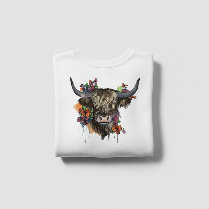 Floral Highland Cow Machine Embroidered Sweatshirt – Hand Finished in Dubai | EmbroMania