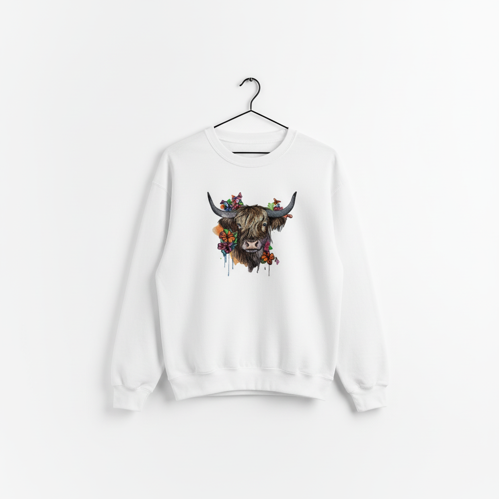 Floral Highland Cow Machine Embroidered Sweatshirt – Hand Finished in Dubai | EmbroMania