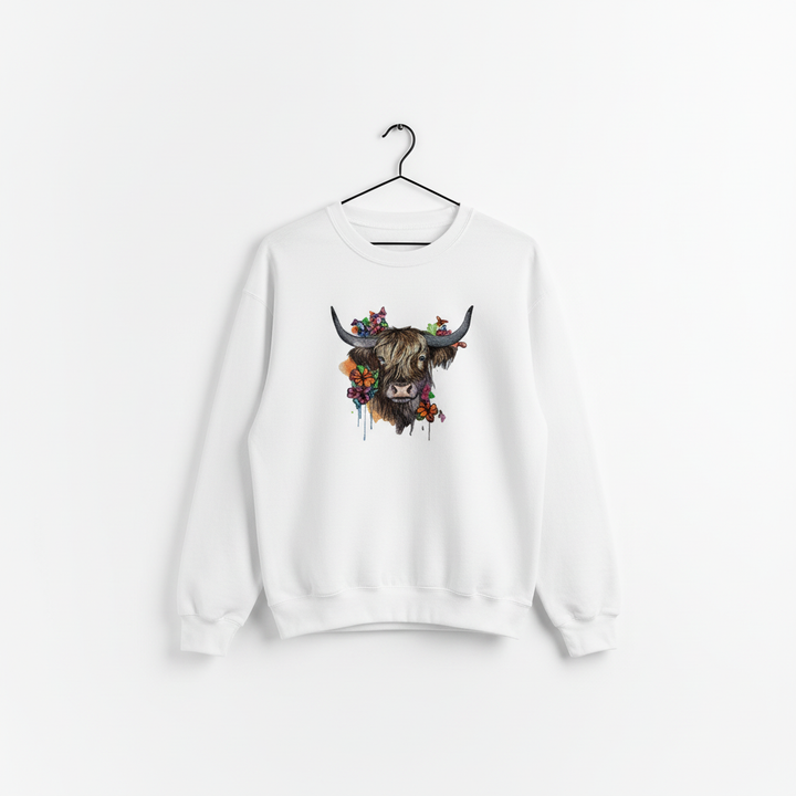 Floral Highland Cow Machine Embroidered Sweatshirt – Hand Finished in Dubai | EmbroMania