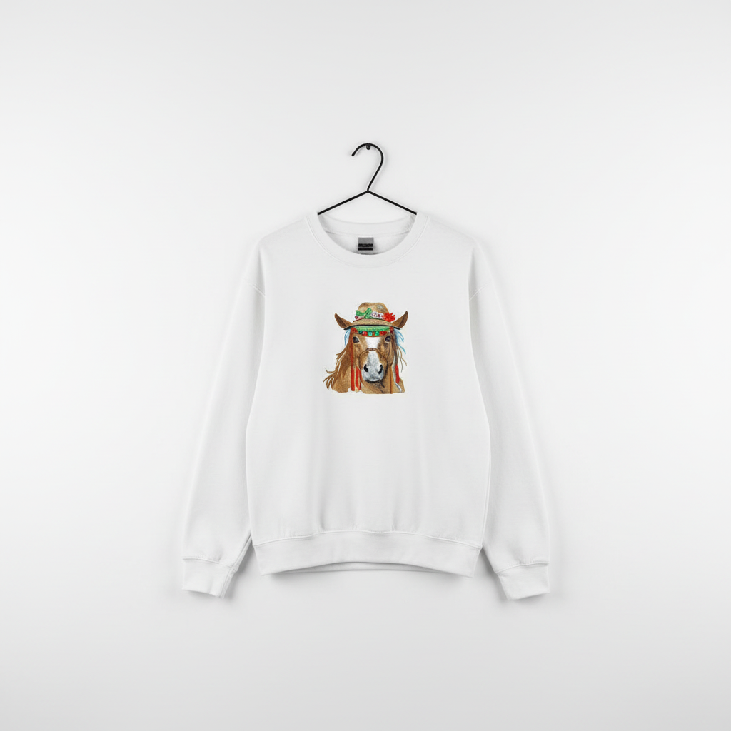 Boho Spirit Horse Machine Embroidered Sweatshirt – Hand Finished in Dubai | EmbroMania