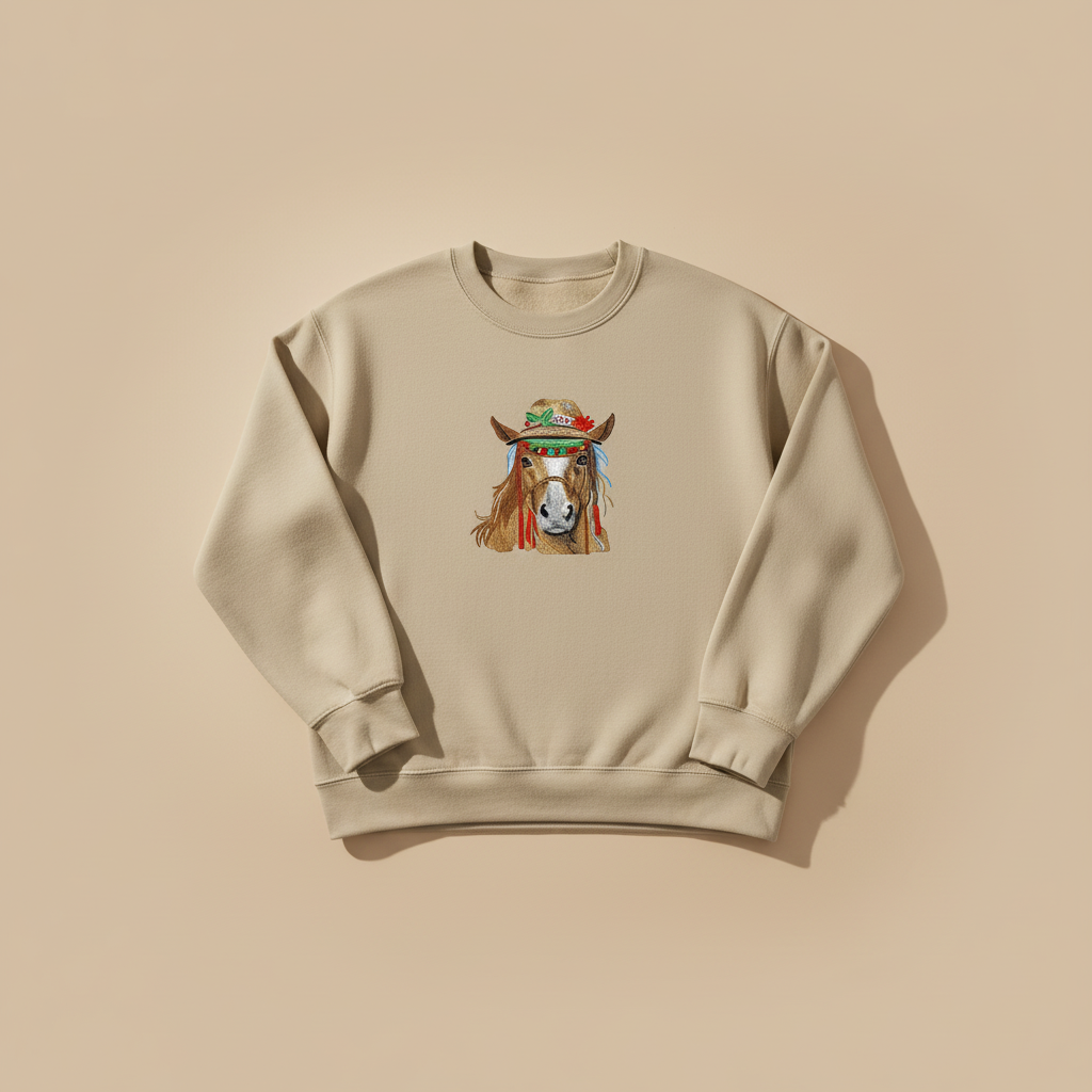 Boho Spirit Horse Machine Embroidered Sweatshirt – Hand Finished in Dubai | EmbroMania