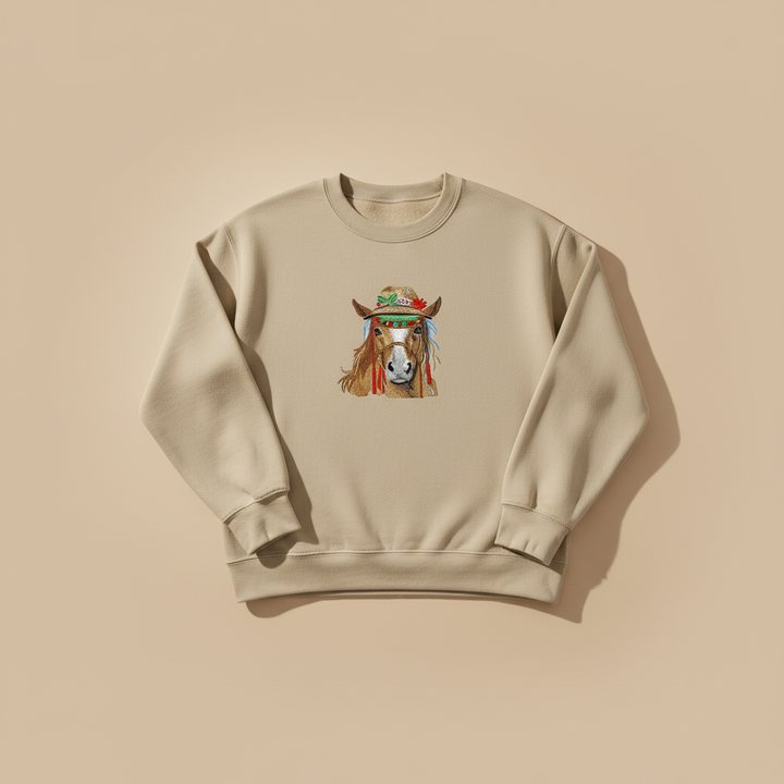 Boho Spirit Horse Machine Embroidered Sweatshirt – Hand Finished in Dubai | EmbroMania