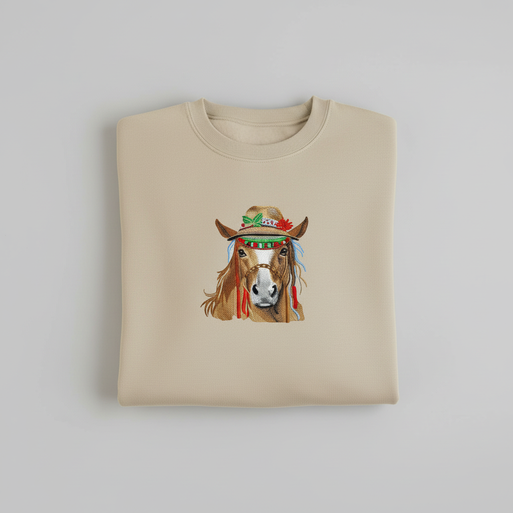 Boho Spirit Horse Machine Embroidered Sweatshirt – Hand Finished in Dubai | EmbroMania