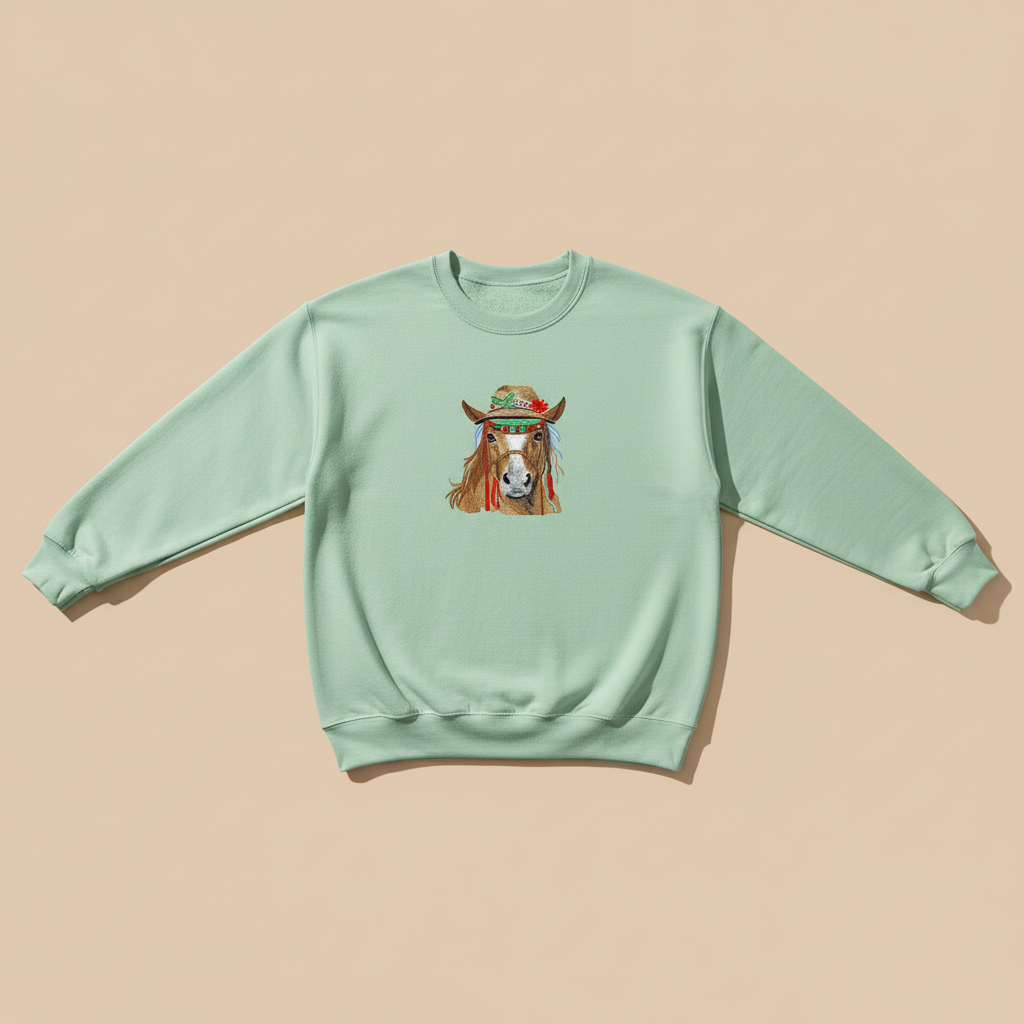Boho Spirit Horse Machine Embroidered Sweatshirt – Hand Finished in Dubai | EmbroMania