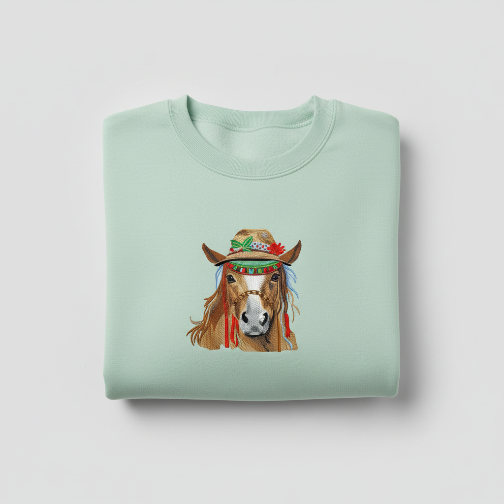 Boho Spirit Horse Machine Embroidered Sweatshirt – Hand Finished in Dubai | EmbroMania