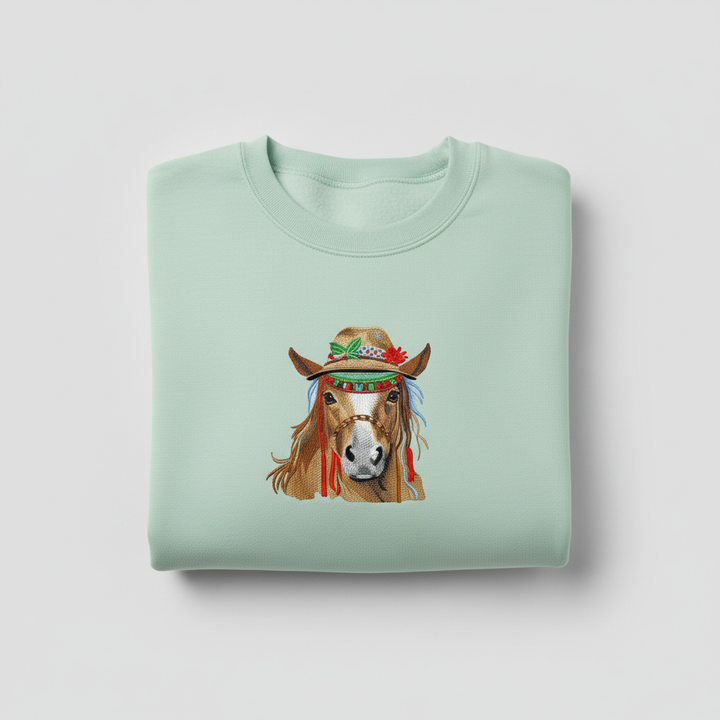 Boho Spirit Horse Machine Embroidered Sweatshirt – Hand Finished in Dubai | EmbroMania
