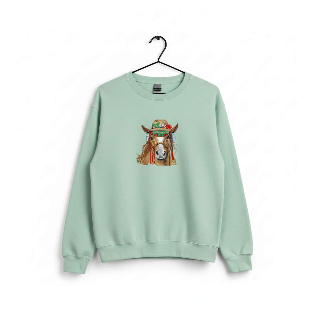 Boho Spirit Horse Machine Embroidered Sweatshirt – Hand Finished in Dubai | EmbroMania