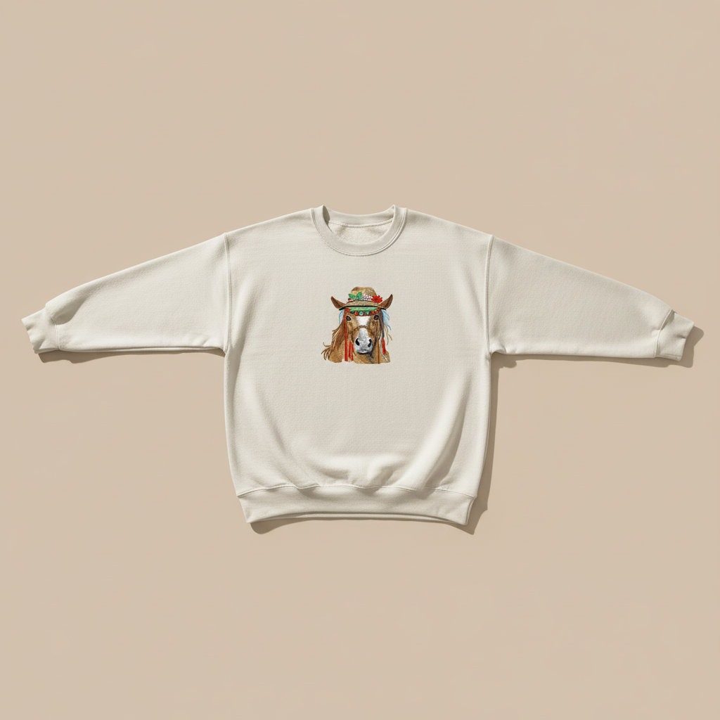 Boho Spirit Horse Machine Embroidered Sweatshirt – Hand Finished in Dubai | EmbroMania