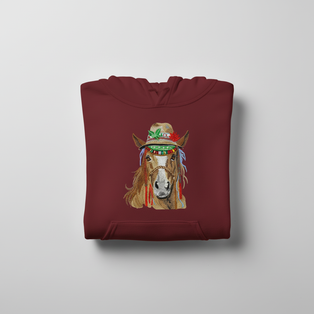 Boho Spirit Horse Machine Embroidered Hoodie – Hand Finished in Dubai | EmbroMania