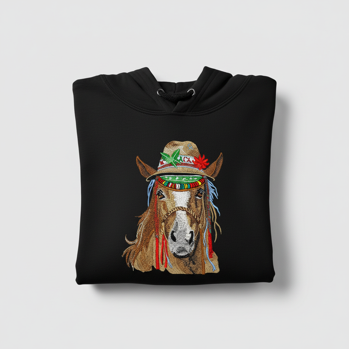 Boho Spirit Horse Machine Embroidered Hoodie – Hand Finished in Dubai | EmbroMania