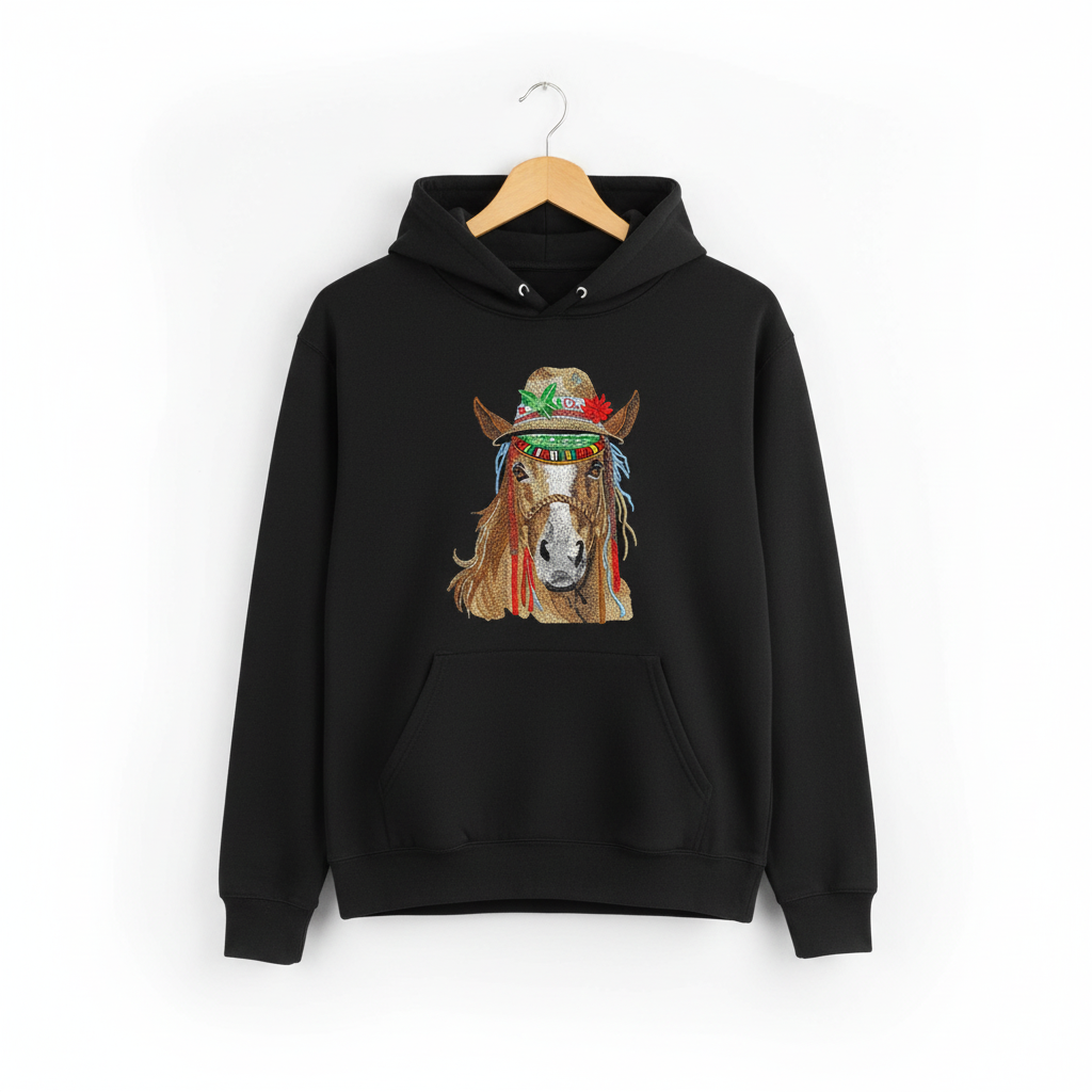 Boho Spirit Horse Machine Embroidered Hoodie – Hand Finished in Dubai | EmbroMania