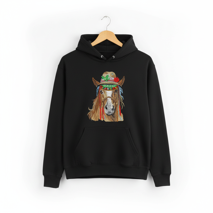 Boho Spirit Horse Machine Embroidered Hoodie – Hand Finished in Dubai | EmbroMania