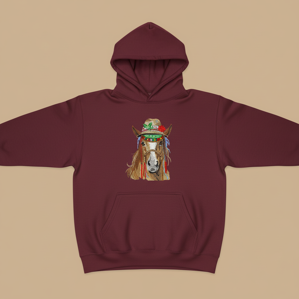 Boho Spirit Horse Machine Embroidered Hoodie – Hand Finished in Dubai | EmbroMania