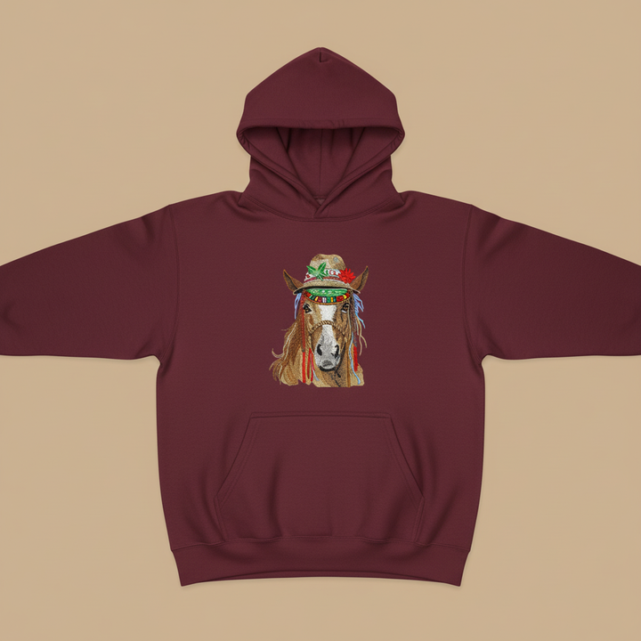 Boho Spirit Horse Machine Embroidered Hoodie – Hand Finished in Dubai | EmbroMania