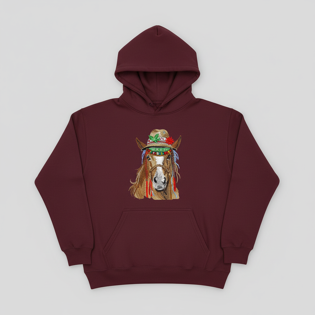 Boho Spirit Horse Machine Embroidered Hoodie – Hand Finished in Dubai | EmbroMania