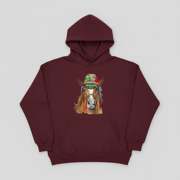 Boho Spirit Horse Machine Embroidered Hoodie – Hand Finished in Dubai | EmbroMania