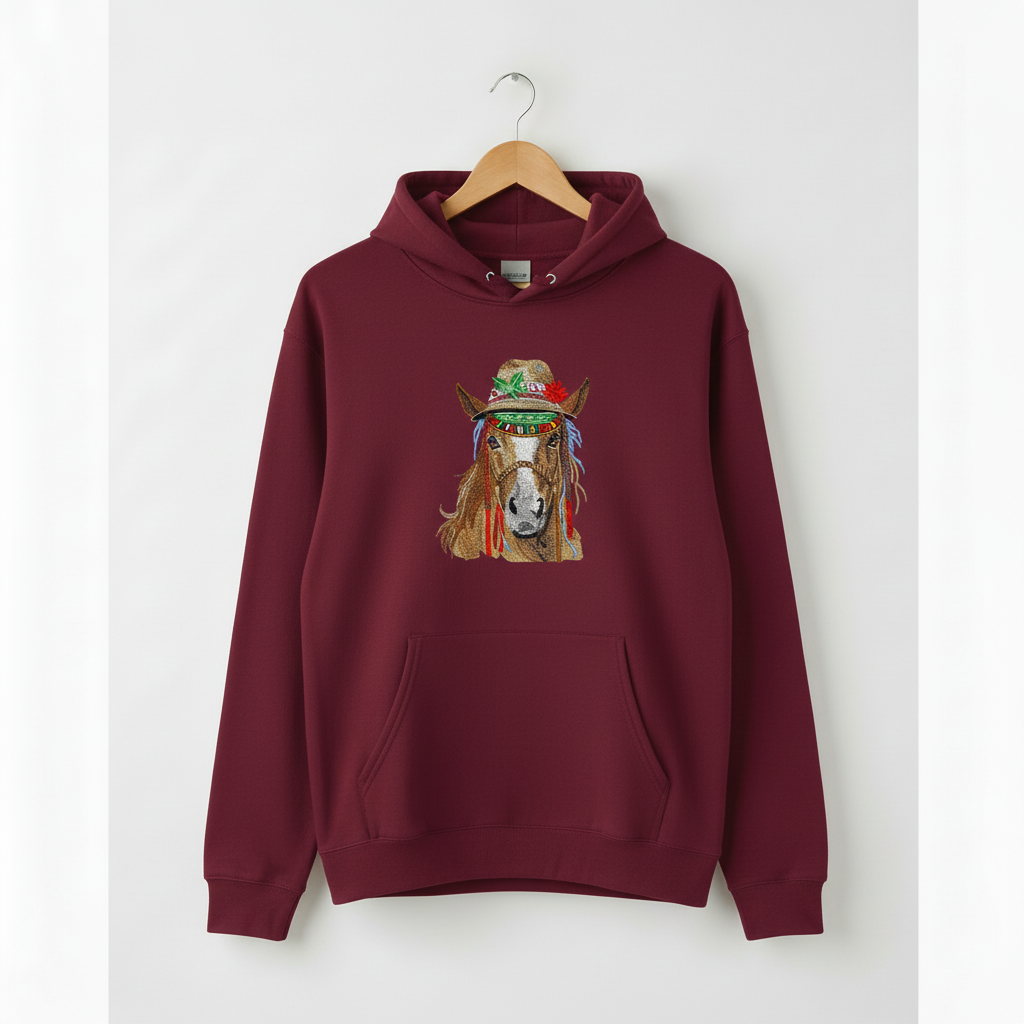 Boho Spirit Horse Machine Embroidered Hoodie – Hand Finished in Dubai | EmbroMania