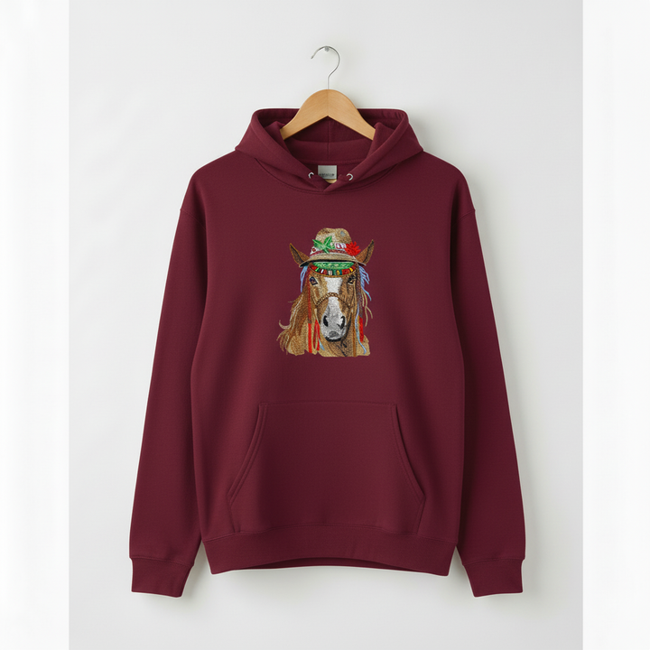 Boho Spirit Horse Machine Embroidered Hoodie – Hand Finished in Dubai | EmbroMania