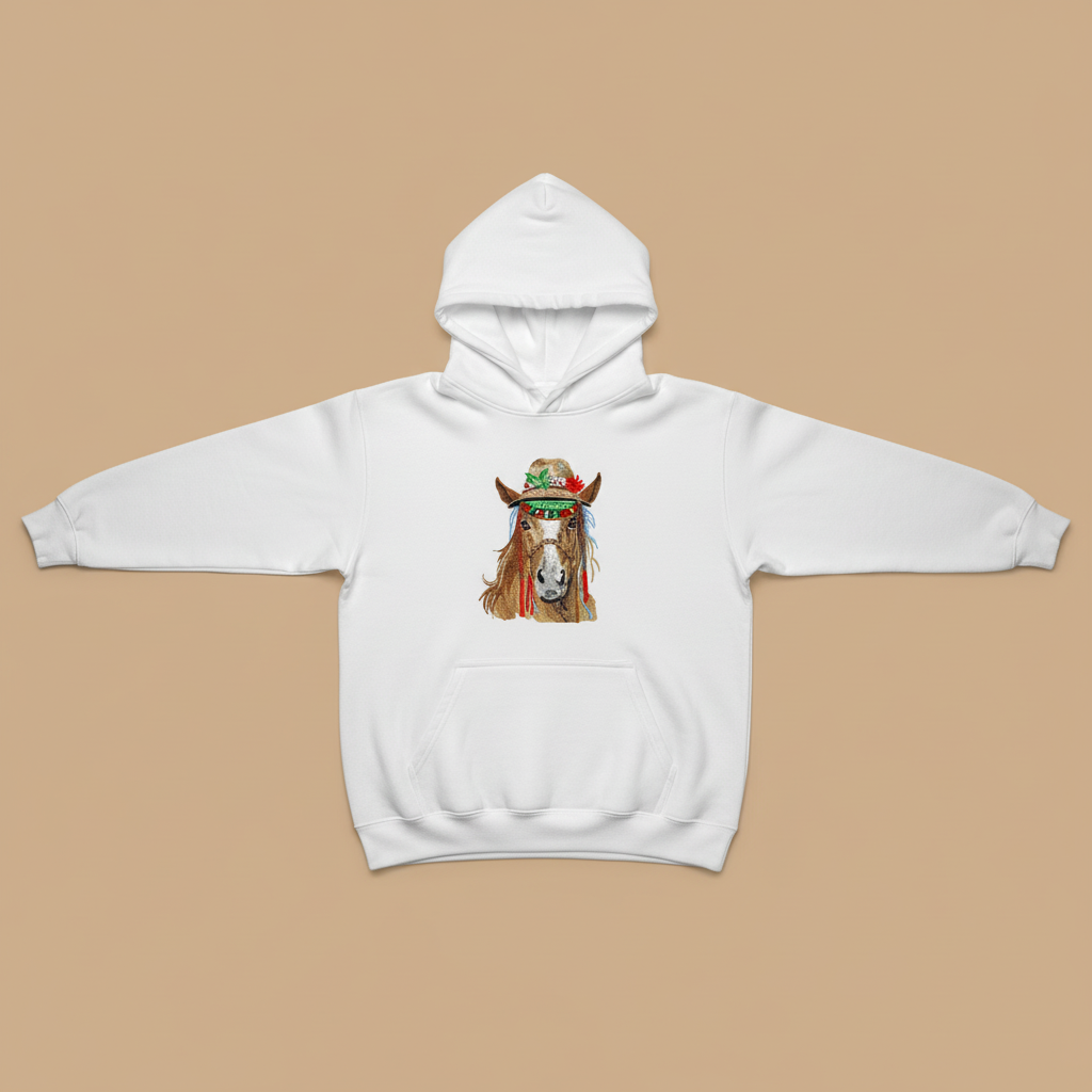 Boho Spirit Horse Machine Embroidered Hoodie – Hand Finished in Dubai | EmbroMania
