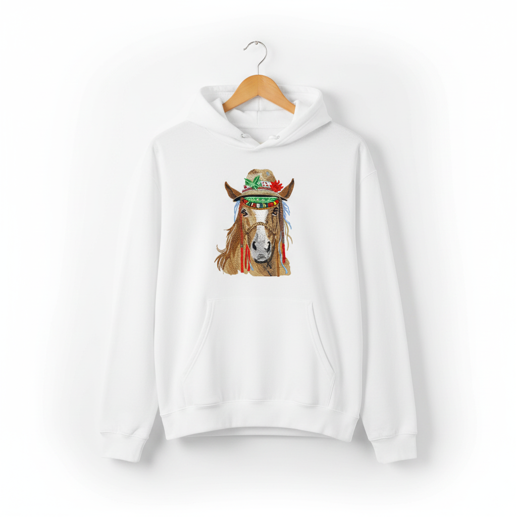 Boho Spirit Horse Machine Embroidered Hoodie – Hand Finished in Dubai | EmbroMania