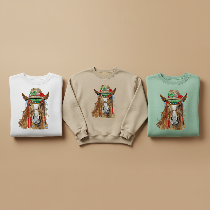 Boho Spirit Horse Machine Embroidered Sweatshirt – Hand Finished in Dubai | EmbroMania
