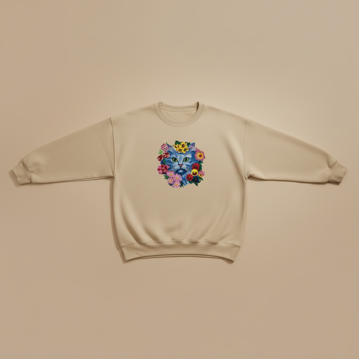 Floral Blue Cat Machine Embroidered Sweatshirt – Hand Finished in Dubai | EmbroMania