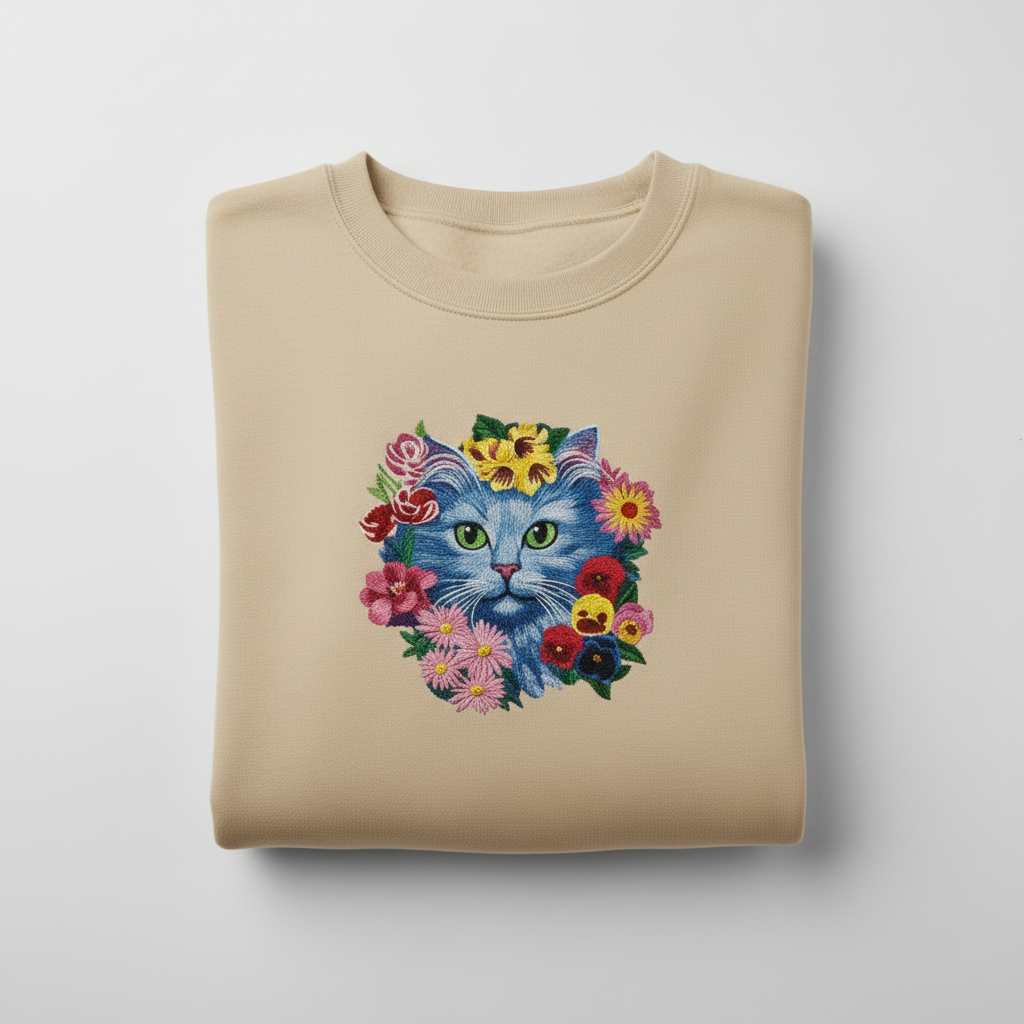 Floral Blue Cat Machine Embroidered Sweatshirt – Hand Finished in Dubai | EmbroMania