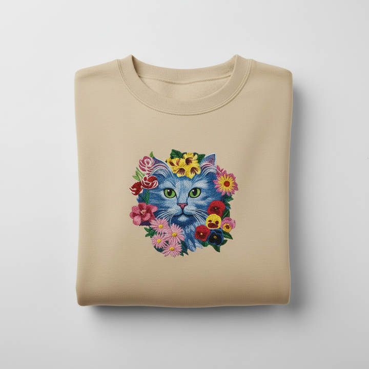Floral Blue Cat Machine Embroidered Sweatshirt – Hand Finished in Dubai | EmbroMania