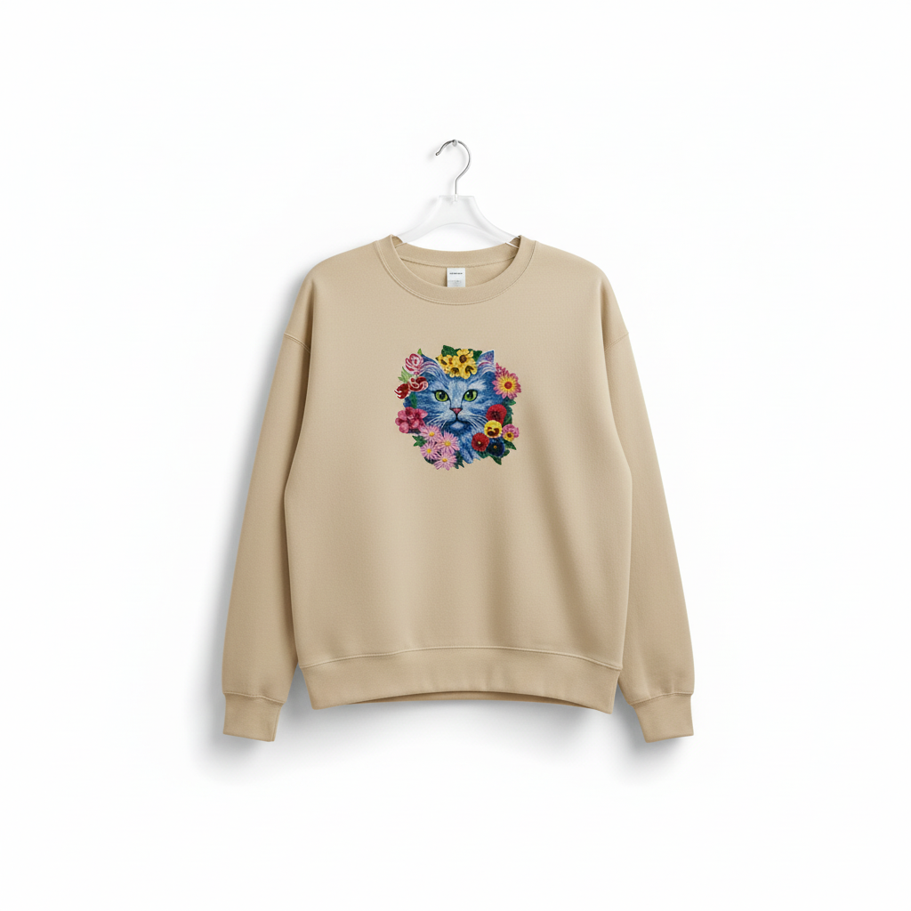 Floral Blue Cat Machine Embroidered Sweatshirt – Hand Finished in Dubai | EmbroMania